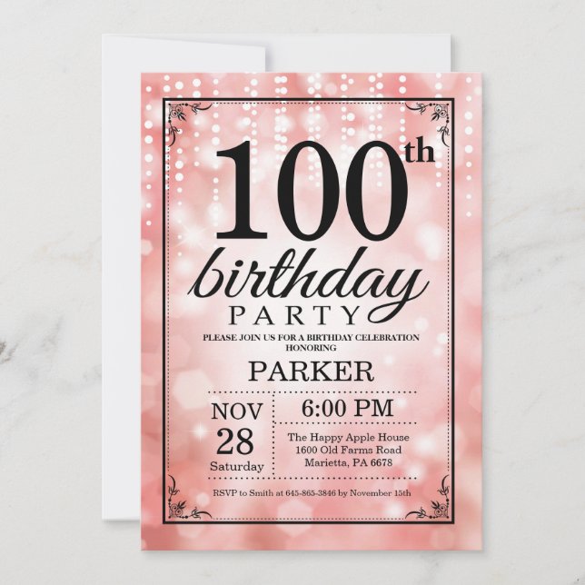 Purpurina rosa invitación al cumpleaños número 100 (Anverso)