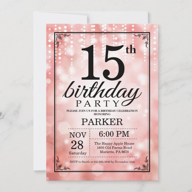 Purpurina Rosa Invitación al cumpleaños número 15 (Anverso)