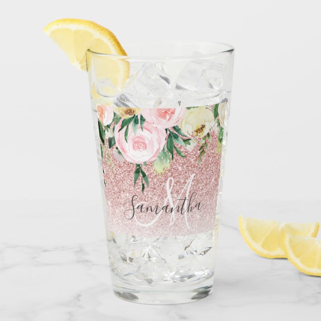 Purpurina rosa moderno y flores esparcen con nombr (Anverso (hielo))