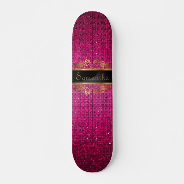 Purpurina Rosa Secuencia Disco Antiguo Skateboard (Anverso )