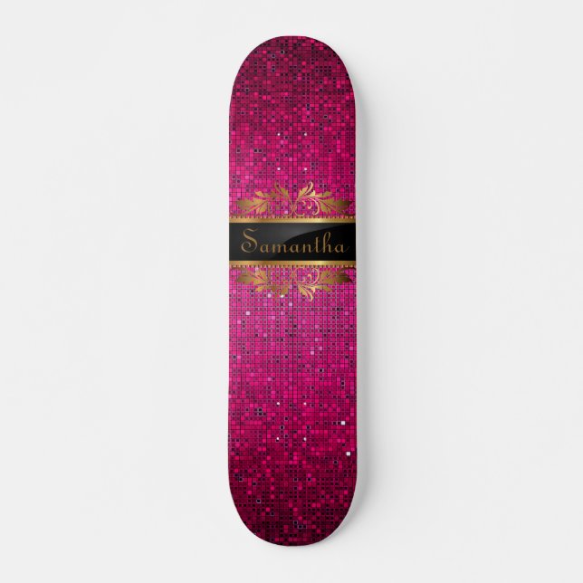 Purpurina Rosa Sequin Disco Glitz Mini Skateboard (Anverso )