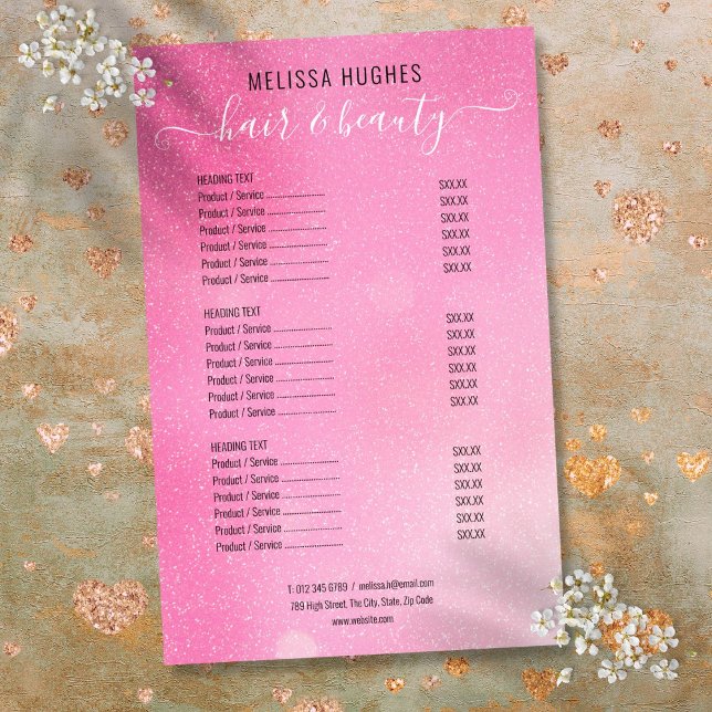 Purpurina rosa Shimmer Salon Service Menú (Pink Glitter Shimmer Salon Service Menu Flyer)