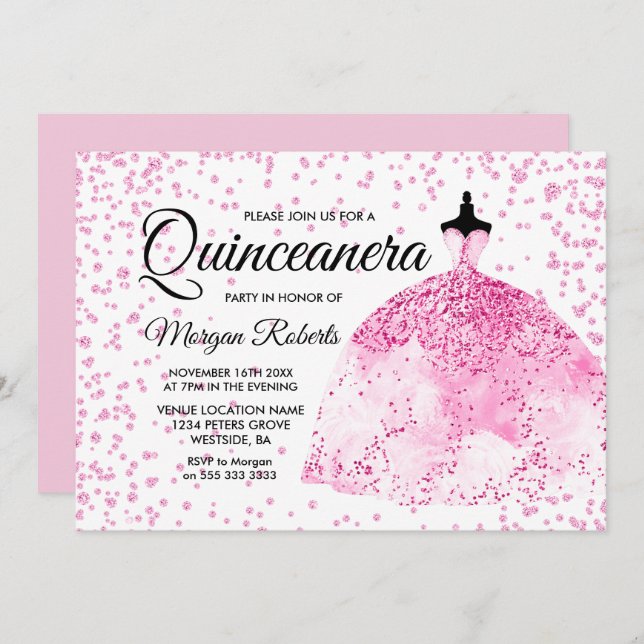 Purpurina Rosa Vestido Confetti Invitación Quincea (Anverso / Reverso)