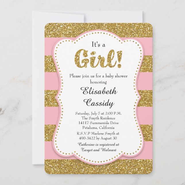 Purpurina rosa y dorada Invitación a la ducha de b (Anverso)