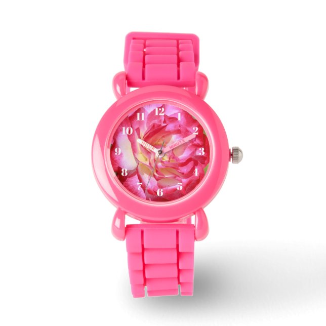 Purpurina rosa y rosa blanco Chica reloj rosa (Anverso)