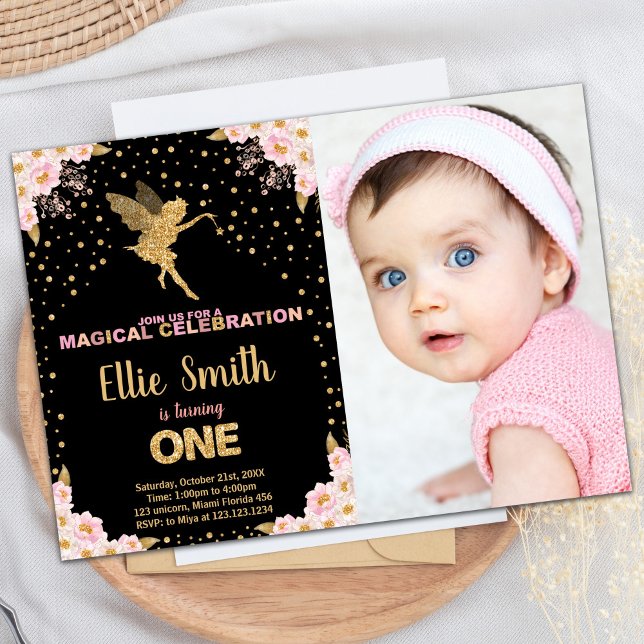 Purpurina rosado Fairy Birthday Invitaciones (Photo Pink Glitter Fairy Birthday Invitations)