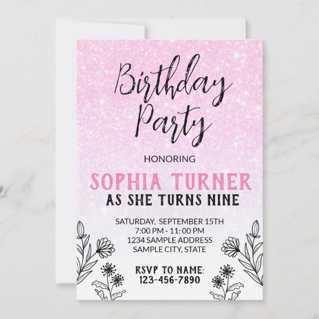 Purpurina rosado - Invitación de cumpleaños (Anverso)