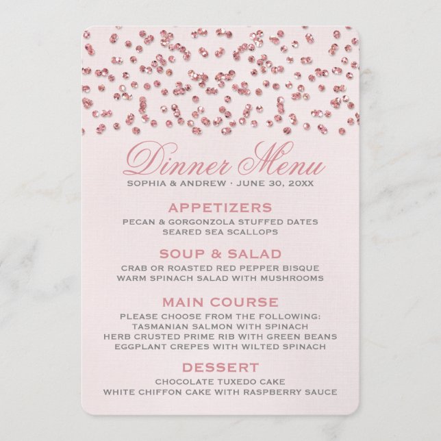 Purpurina rosado Menú Boda Confetti (Anverso)