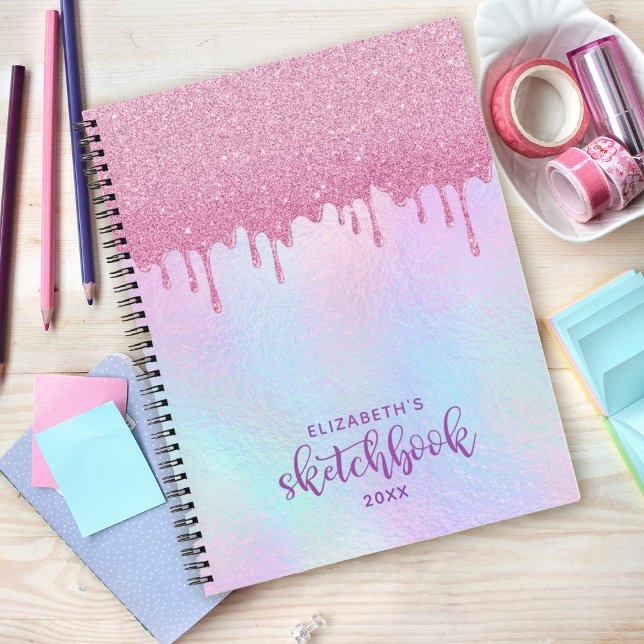 Purpurina Rosado Perfora el Libro de Esquemas Holo (Pink dripping glitter holographic sketchbook. Personalize it with your name.)