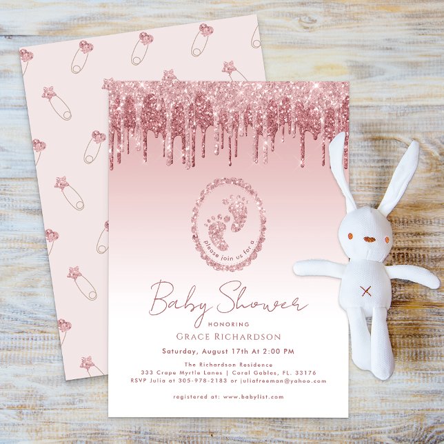 Purpurina rosado profundiza la invitación a Baby S (Pink Glitter Drips Baby Footprint Invite)