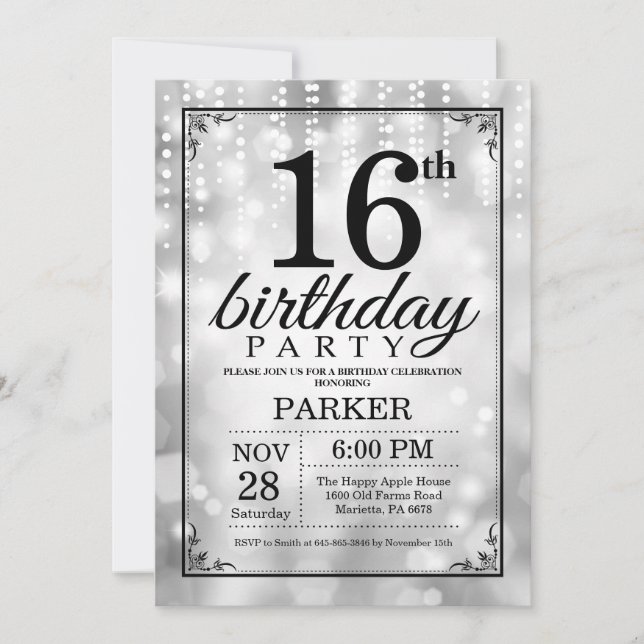Purpurina Silver invitación al 16º cumpleaños (Anverso)