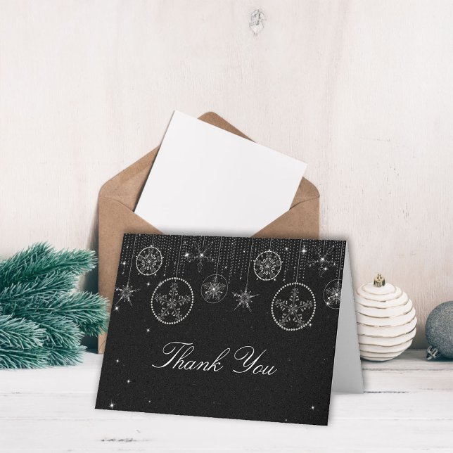 Purpurina Snowflakes Black White Elegant Gracias (christmas thank you folded card couple wedding holidays winter snowflakes rhinestones glitter black )
