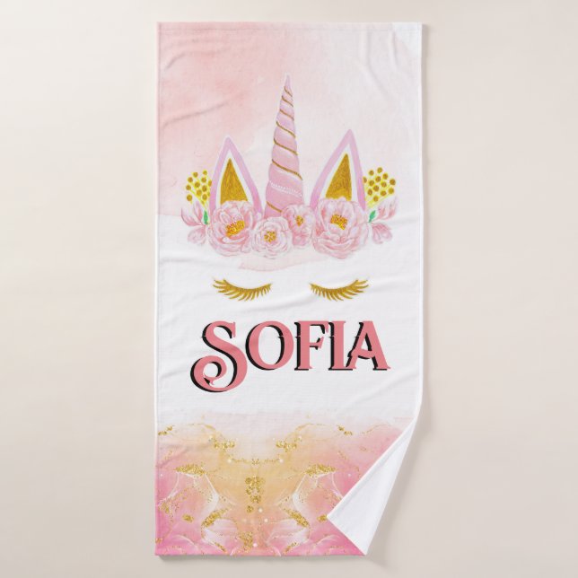 Purpurina unicornio de oro floral rosa personaliza (Toalla de baño)