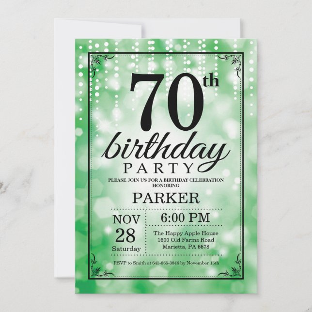 Purpurina Verde de la 70ª Invitación de Cumpleaños (Anverso)
