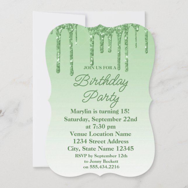Purpurina VERDE DRIP ELEGANTE INVITACIÓN DE CUMPLE (Anverso)
