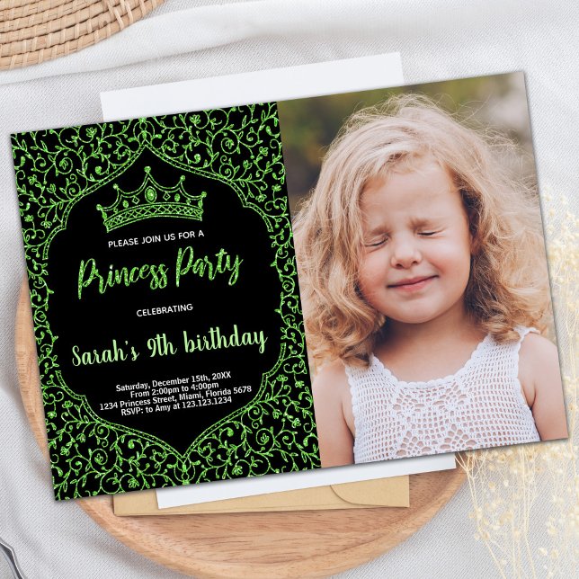 Purpurina verde fotográfico: invitaciones de cumpl (Photo Green Glitter Princess Birthday Invitations)