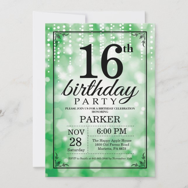 Purpurina Verde Invitación al cumpleaños número 16 (Anverso)