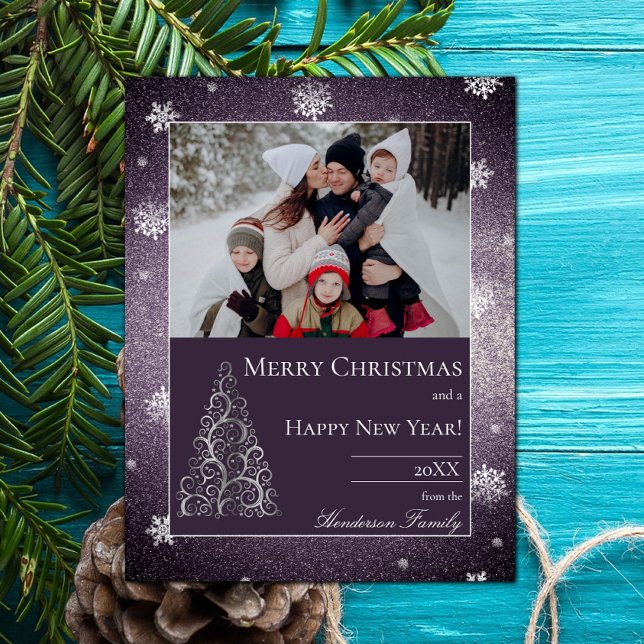 Purpurina y copos de nieve para árbol de Navidad | (Christmas Tree Glitter and Snowflakes Holiday Photo Card - Purple)