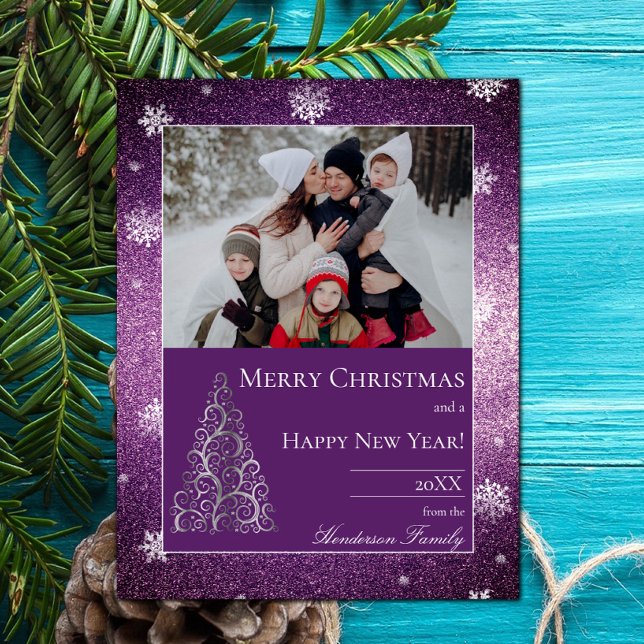 Purpurina y copos de nieve para árbol de Navidad | (Christmas Tree Glitter and Snowflakes Holiday Photo Card - Magenta)