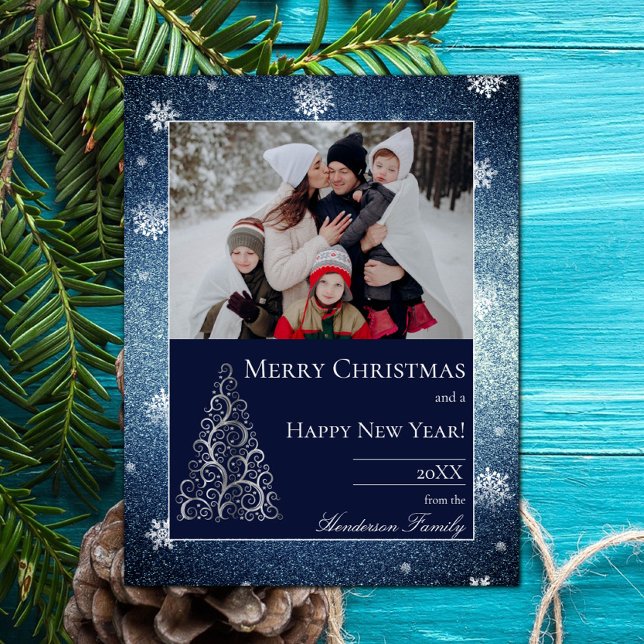 Purpurina y copos de nieve para árbol de Navidad | (Christmas Tree Glitter and Snowflakes Holiday Photo Card - Blue)