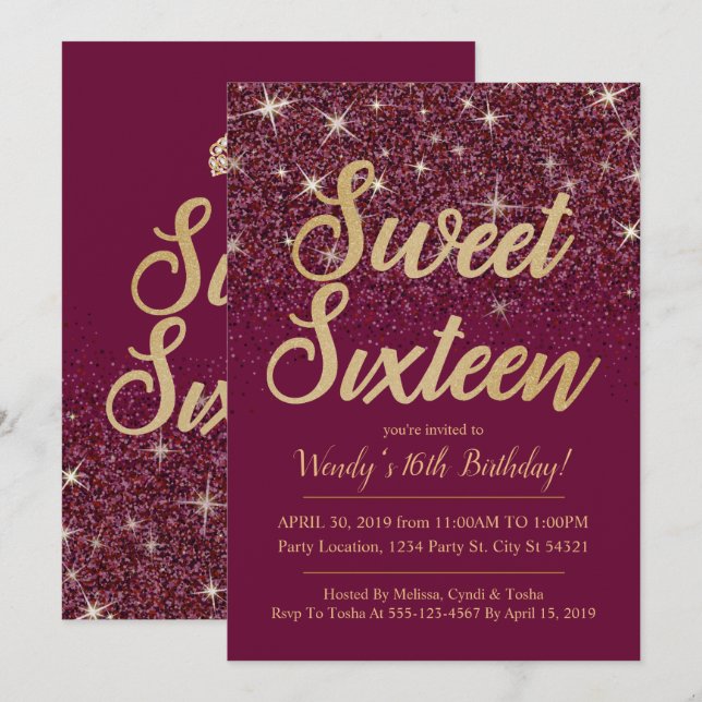 Purpurina y oro, Ruby Sweet 16 invitaciones de cum (Anverso / Reverso)