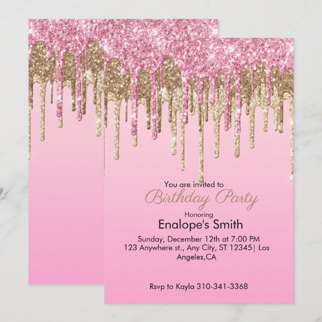 Purpurinas rosados y dorados  Invitación al cumple (Anverso / Reverso)