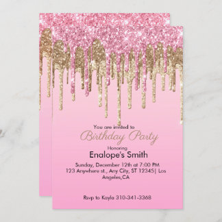 Purpurinas rosados y dorados  Invitación al cumple