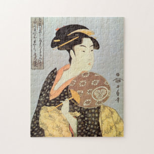 Puzzle う ち わ を 持 女, Mujer con ventilador redondo, Utamaro