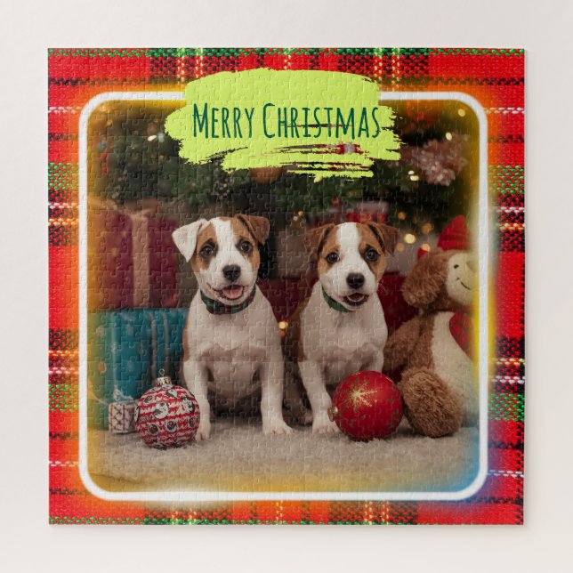 PUZZLE チェック柄がかわいいジャックラッセルテリアの子犬たちとクリスマス♡  (Vertical)