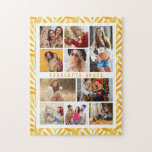 Puzzle 10 Foto Moderno y Elegante Nombre de hojas de colo<br><div class="desc">10 Photo Modern Stylish Watercolor Leaves Nombre Jigsaw Puzzle presenta diez de tus fotos favoritas para un DIY fácil y rápido añadir tu propio collage de fotos. Personaliza con tu nombre y rodeado de un sencillo patrón de hojas de cascada. Hace un regalo perfecto para Navidades, cumpleaños, Día de la...</div>