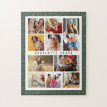 Puzzle 10 Fotografía Estrellas Modernas Nombre Elegante V<br><div class="desc">10 Photo Modern Stars Elegante Green Name Jigsaw Puzzle presenta diez de tus fotos favoritas para un fácil y rápido DIY agregar tu propio collage de fotos. Personaliza con tu nombre y rodeado de un sencillo patrón de estrellas en un fondo verde. Hace un regalo perfecto para Navidades, cumpleaños, Día...</div>
