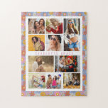 Puzzle 10 Fotografía Moderna Estilo Hippie Floral Nombre<br><div class="desc">10 Photo Modern Trendy Hippie Floral Stylish Nombre Jigsaw Puzzle presenta diez de tus fotos favoritas para un DIY fácil y rápido agregar tu propio collage de fotos. Personaliza con tu nombre y rodeado de un patrón retro hippie colorido y floral. Hace un regalo perfecto para Navidades, cumpleaños, Día de...</div>