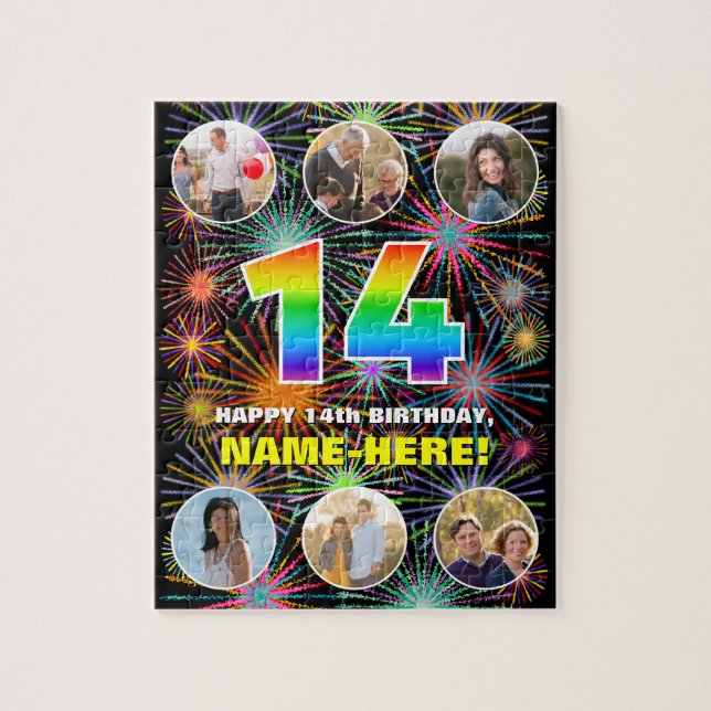 Puzzle 14.º cumpleaños: Arcoiris divertido #, nombre pers (Vertical)
