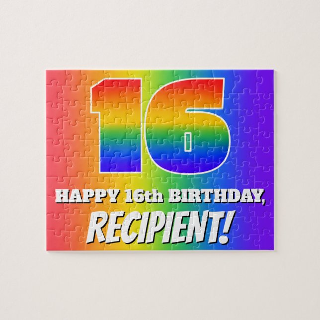 Puzzle 16º cumpleaños — Patrón arcoiris multicolor "16" (Horizontal)