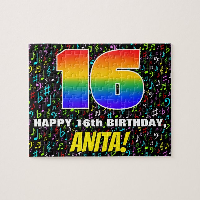 Puzzle 16º cumpleaños — Símbolos de música divertida y co (Horizontal)