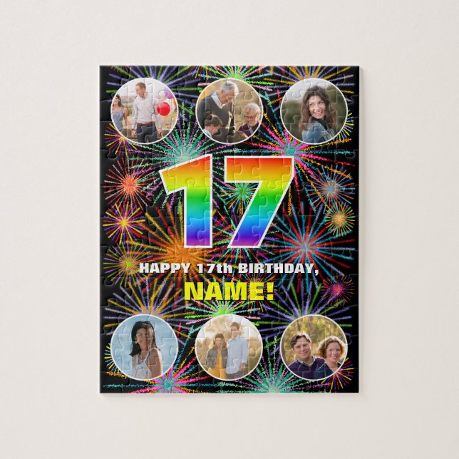 Puzzle 17.º cumpleaños: Arcoiris divertido #, nombre pers (Vertical)