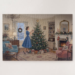 Puzzle 1950 Señora decorando árbol de Navidad Feliz Navid