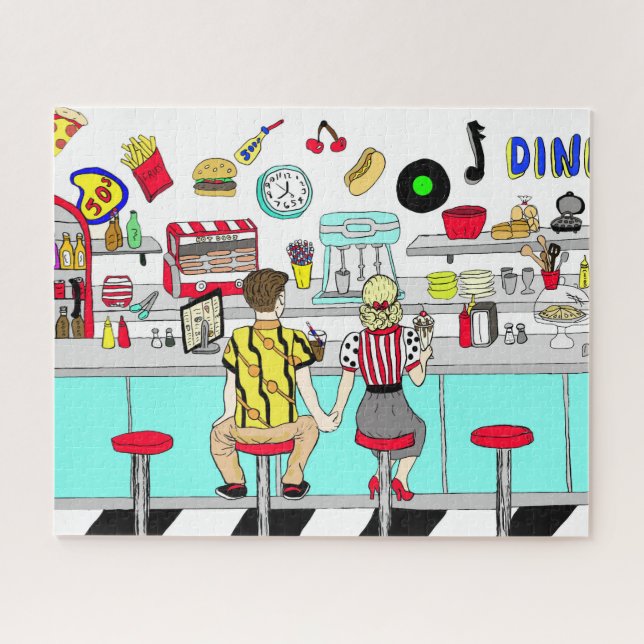 Puzzle 1950's Couple Holding Hands at  Diner   (Horizontal)