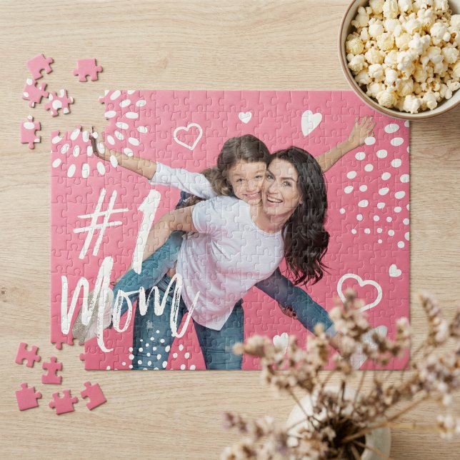Puzzle #1 Mom Full Photo, Hearts & Dot Pattern (Mother's Day #1 Mom Fun Custom Photo Keepsake Jigsaw Puzzle)