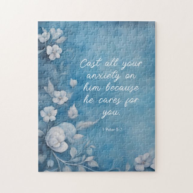 Puzzle 1 Peter 5:7 “Cast All Your Anxiety” Blue Floral (Vertical)