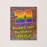 Puzzle 21st Birthday: Fun Graffiti-Inspired Rainbow 21<br><div class="desc">This vibrant and exciting urban street art and graffiti inspired birthday jigsaw puzzle design features a large number “21” with a colorful rainbow spectrum gradient inspired pattern, along with the message “Happy 21st Birthday, ”, and a customizable name. The background features a brick wall pattern. A vibrant, personalized birthday puzzle...</div>