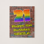 Puzzle 21st Birthday: Fun Graffiti-Inspired Rainbow 21<br><div class="desc">This vibrant and exciting urban street art and graffiti inspired birthday jigsaw puzzle design features a large number “21” with a colorful rainbow spectrum gradient inspired pattern, along with the message “Happy 21st Birthday, ”, and a customizable name. The background features a brick wall pattern. A vibrant, personalized birthday puzzle...</div>