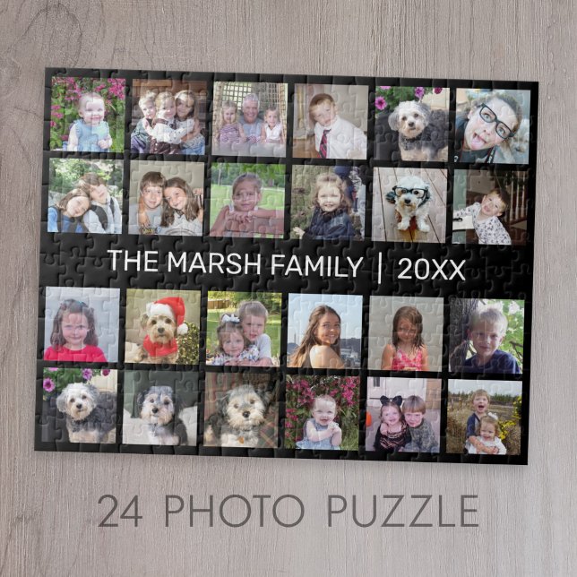 Puzzle 24 Collage de fotos con apellido Fecha - negro (24 Photo Personalized Jigsaw Puzzle)