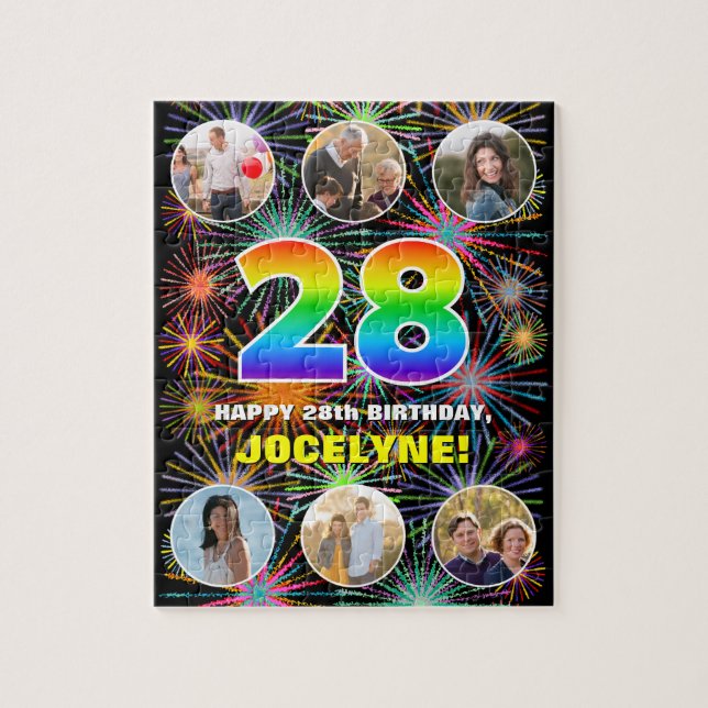 Puzzle 28 Aniversario: Arcoiris divertido #, nombre perso (Vertical)