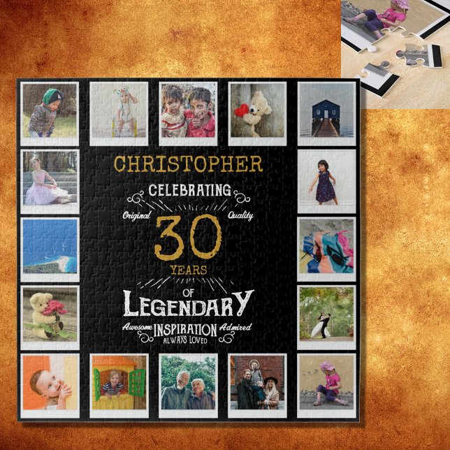 Puzzle 30.º Collage de fotos de oro negro (A personalized elegant 30th birthday vintage puzzle that is easy to customize but hard to complete)