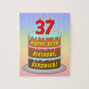 Puzzle 37th Birthday: Fun Cake and Candles + Custom Name