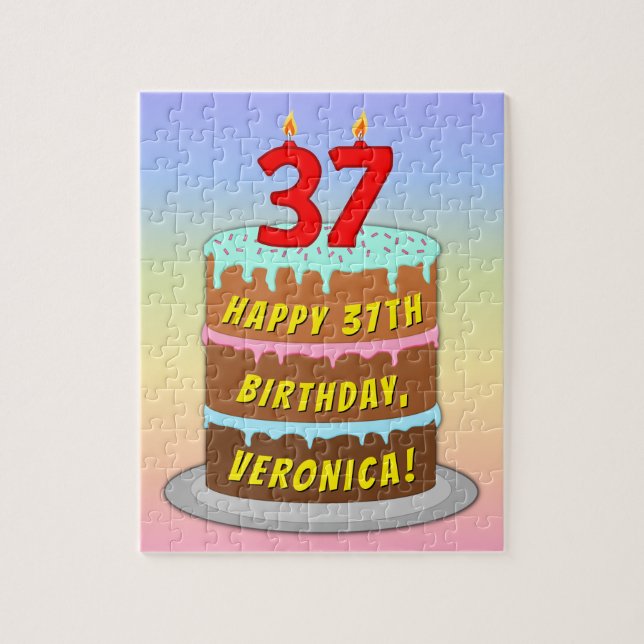 Puzzle 37th Birthday: Fun Cake and Candles + Custom Name (Vertical)