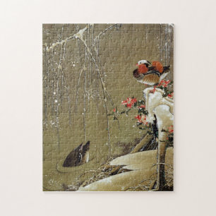Puzzle 3. 雪中鴛鴦図, pato de mandarín del 若冲 en la nieve,