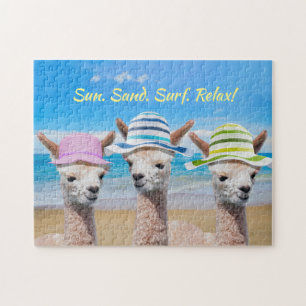 Puzzle 3 Alpacas En La Playa Con Sombreros De Sol, Mensaj