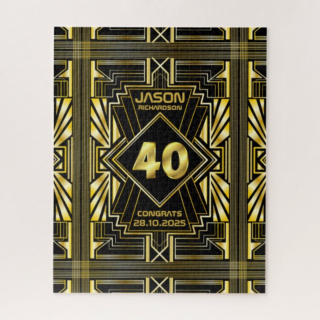 Puzzle 40.º cumpleaños Art Deco Oro Gran Gatsby Negro (Vertical)